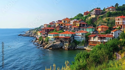 Colorful Houses on a Hillside overlooking the Sea