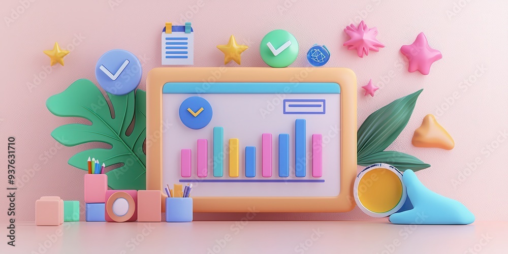 D Colorful Business Success Icons and Chart on Pink Background D Colorful Business Success Icons and Chart on Pink Background