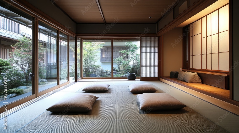 A quiet and modern Japanese living room with simple decor, low seating, and a focus on natural materials. A quiet and modern Japanese living room with simple decor, low seating, and a focus on natural materials.