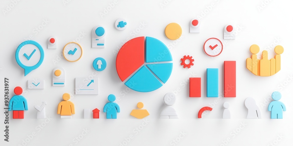 D Colorful Business Icons and Charts on White Background D Colorful Business Icons and Charts on White Background