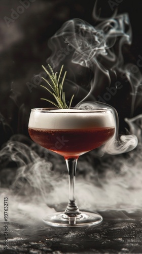 A striking cocktail rests in a coupe glass, adorned with a sprig of rosemary, while wisps of smoke elegantly dance around the rim, creating an inviting atmosphere photo