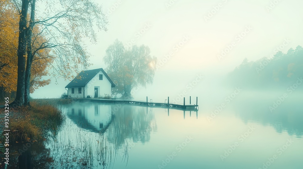 Fototapeta premium Foggy Morning on a Tranquil Lake with a Lakeside Cabin