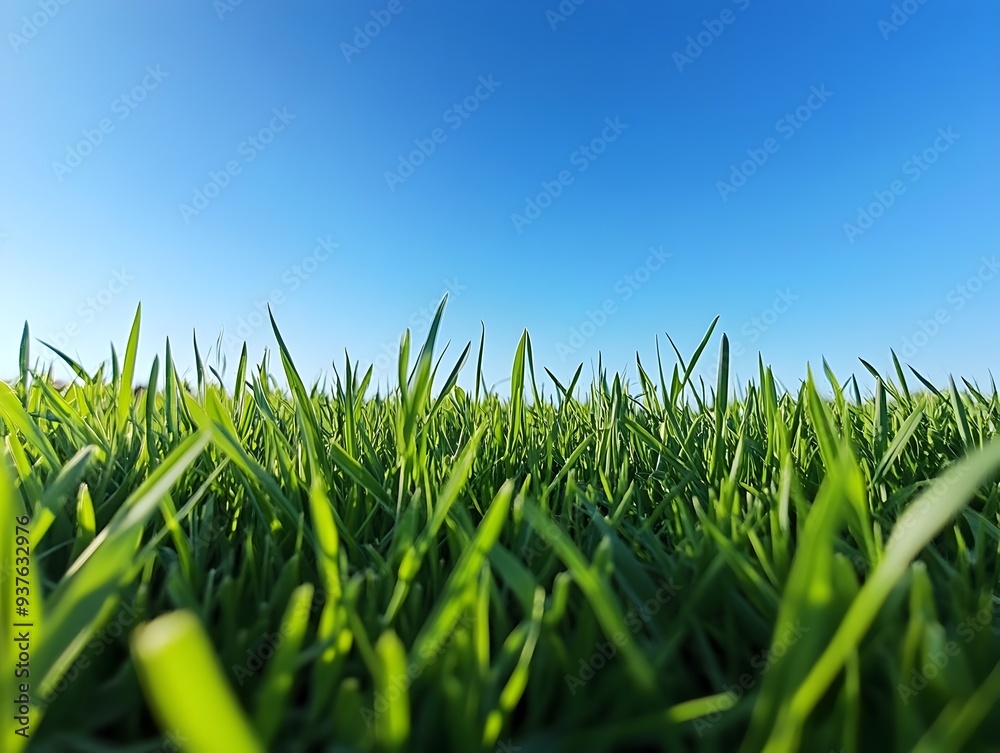 Fototapeta premium Vibrant Green Grass Carpet Against Flawless Blue Sky Tranquil Nature Landscape Background