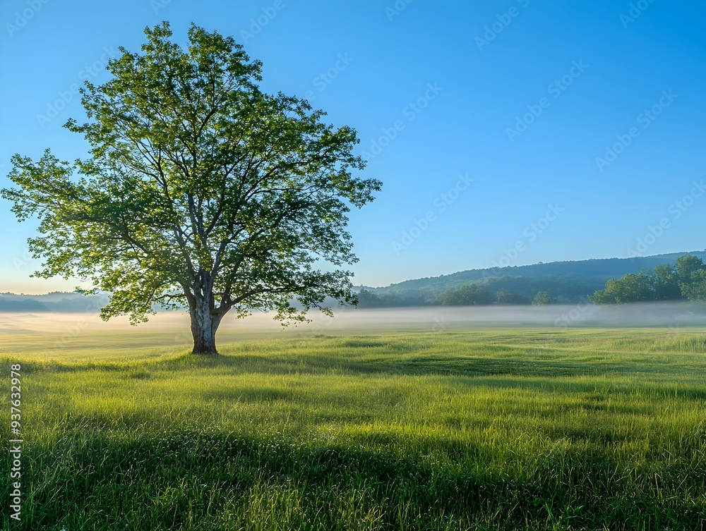 Stunning Ethereal Landscape of Verdant Field with Lone Tree and Misty Sky Stunning Ethereal Landscape of Verdant Field with Lone Tree and Misty Sky
