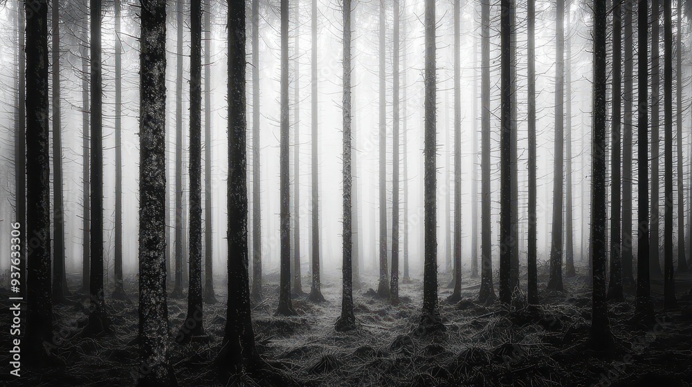 Misty Forest Trees Nature Black and White Landscape Misty Forest Trees Nature Black and White Landscape
