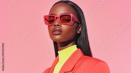 Stylish Black Woman with Pink Sunglasses and Red Blazer on Pink Background
