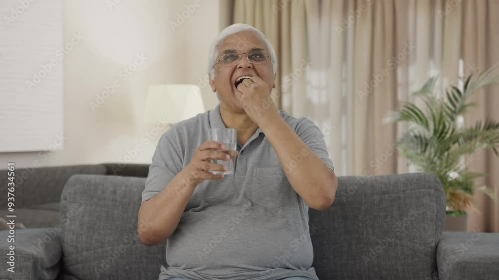 Happy Indian old man taking medicine Happy Indian old man taking medicine