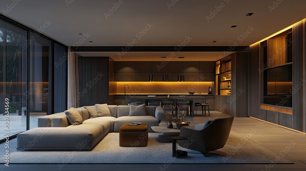 Fototapeta premium Contemporary living room with a minimalist design, highlighted by modern lighting fixtures that add a warm ambiance.