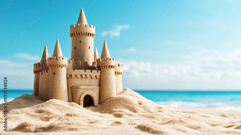 Fototapeta premium A sand castle is built on a beach with a blue sky in the background