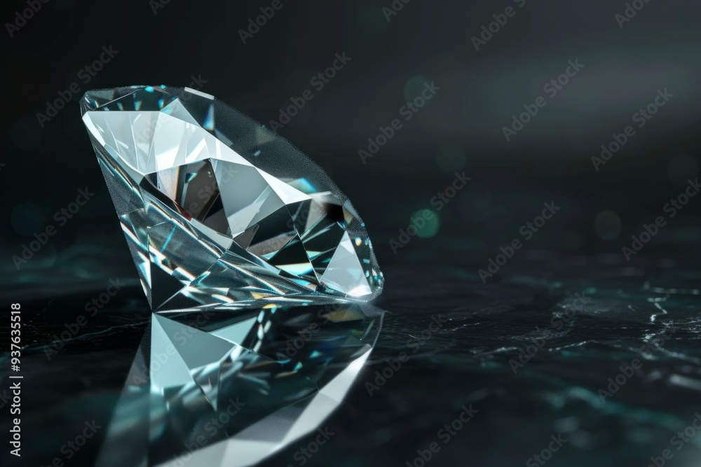 Shiny diamond on a dark reflective surface. High-quality stock photo for luxury and elegance concepts. Perfect for jewelry ads. Studio shot against a dark backdrop. Generative AI Shiny diamond on a dark reflective surface. High-quality stock photo for luxury and elegance concepts. Perfect for jewelry ads. Studio shot against a dark backdrop. Generative AI