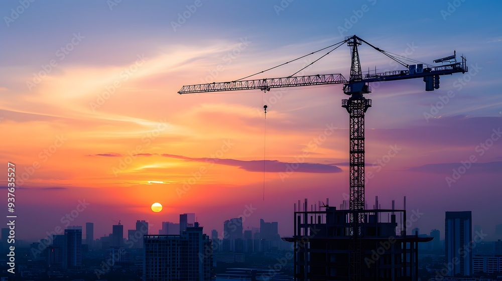 Minimal structure being erected against a sunset skyline AI generated illustration Minimal structure being erected against a sunset skyline AI generated illustration