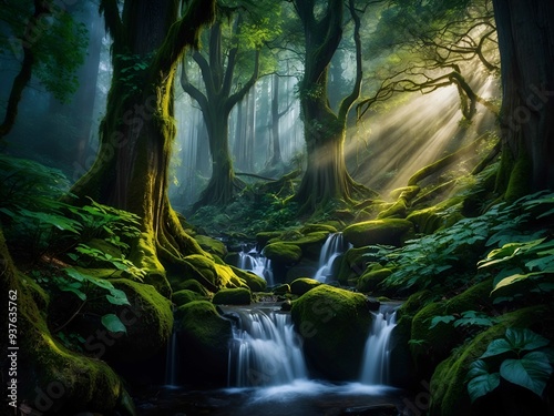A mysteriously enchanting Black Forest-inspired landscape, teeming with lush foliage 