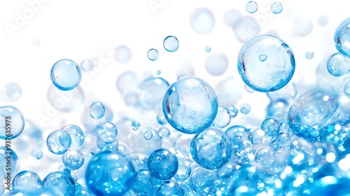 Clear blue bubbles varying in size, floating against a pure white background, creating depth and an ethereal atmosphere