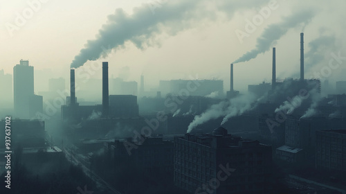 Industrial metallurgy plant, Smog, Emissions, Bad ecology, Aerial photography of pollution from pipes of industrial plant