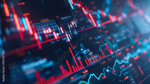 Screen with stock market index charts and diagrams