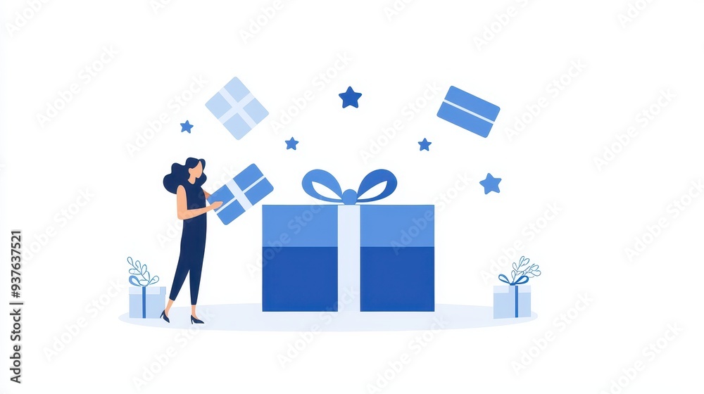 Woman Holding Gift Box Surrounded by Stars and Presents Woman Holding Gift Box Surrounded by Stars and Presents