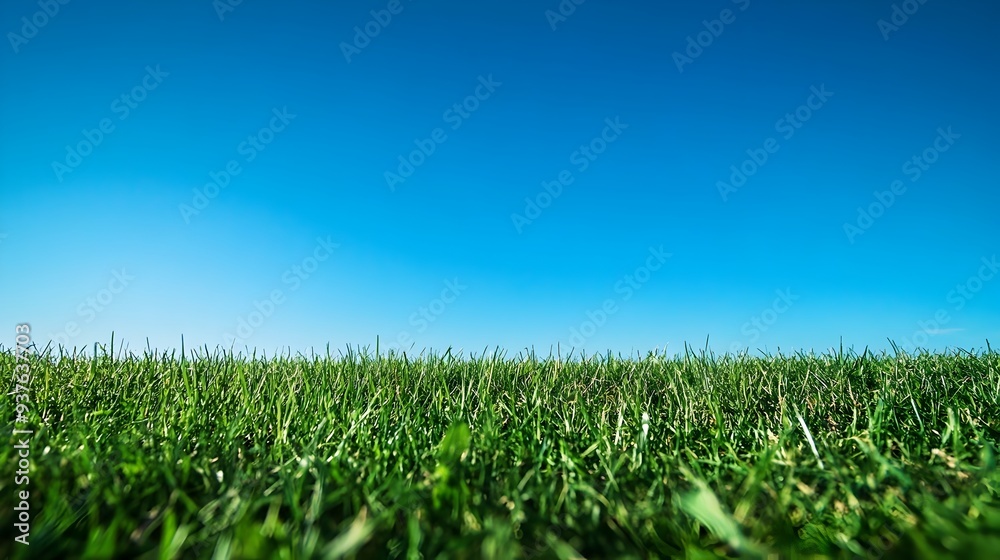 Obraz premium Serene early morning landscape with vast blue sky and green grass field