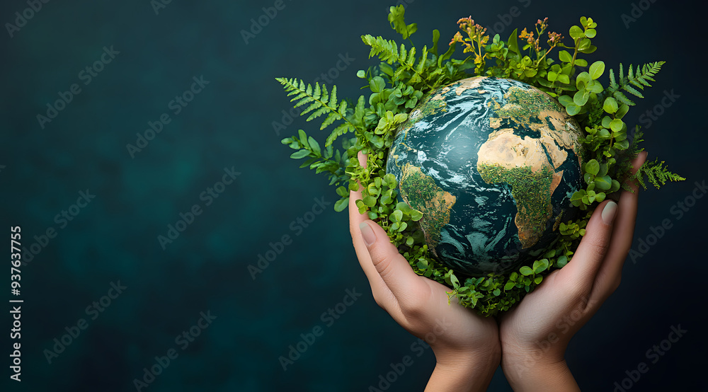 A powerful image depicting hands gently cradling a globe adorned with lush green plants, symbolizing care for the environment and the importance of sustainability. A powerful image depicting hands gently cradling a globe adorned with lush green plants, symbolizing care for the environment and the importance of sustainability.