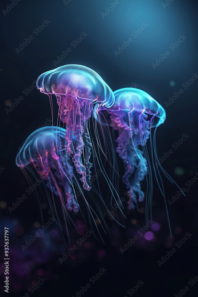 Group of jellyfish swimming in dark blue ocean water Group of jellyfish swimming in dark blue ocean water