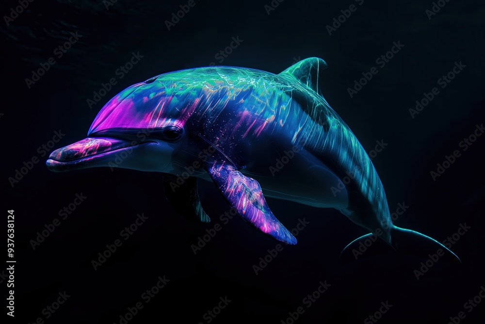 Naklejka premium Colorful dolphin swimming in dark water