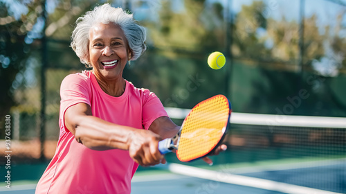 Wallpaper Mural Senior Woman Playing Pickleball on Court Torontodigital.ca