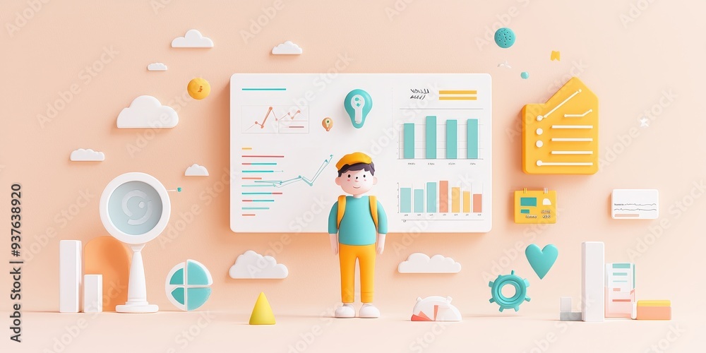 D Cartoon Character Analyzing Data Charts and Graphs D Cartoon Character Analyzing Data Charts and Graphs