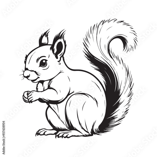 Squirrel line art vector silhouette with white Background