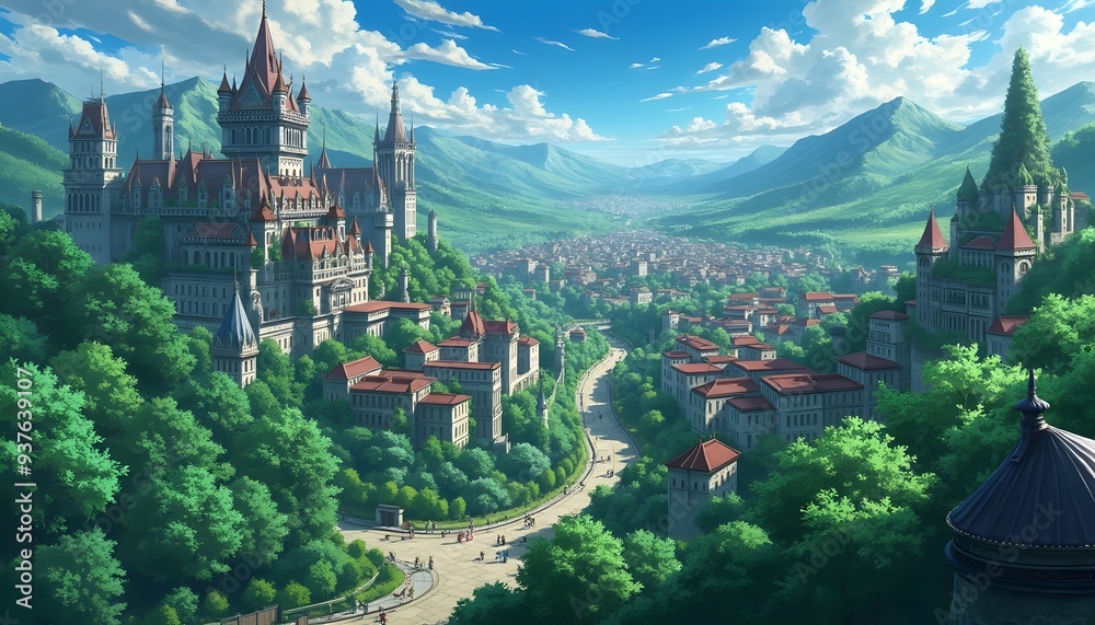 Fototapeta premium Overlooking a Bustling Valley Town