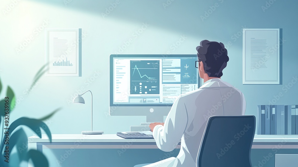 Doctor Analyzing Medical Data on Advanced Digital Interface Doctor Analyzing Medical Data on Advanced Digital Interface