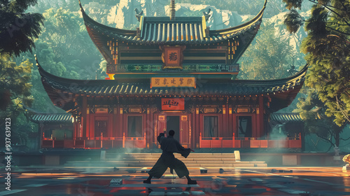 Shaolin Temple Architecture: Ornate architecture of the Shaolin Temple with a practicing