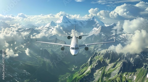 A plane flying over majestic mountains and clouds, showcasing the beauty of travel and nature.