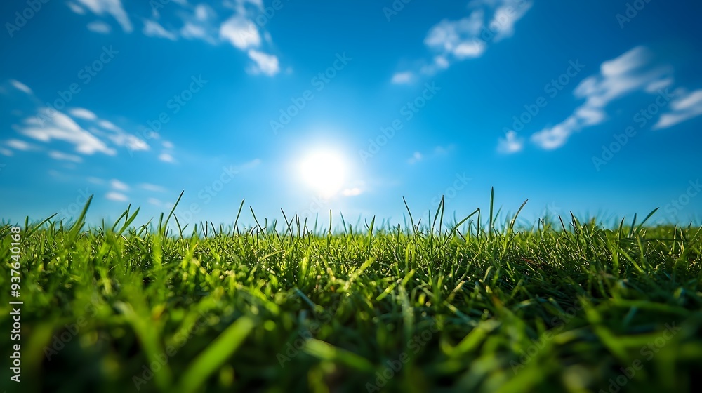 Fototapeta premium Peaceful Early Morning Landscape with Bright Blue Sky and Lush Green Grass
