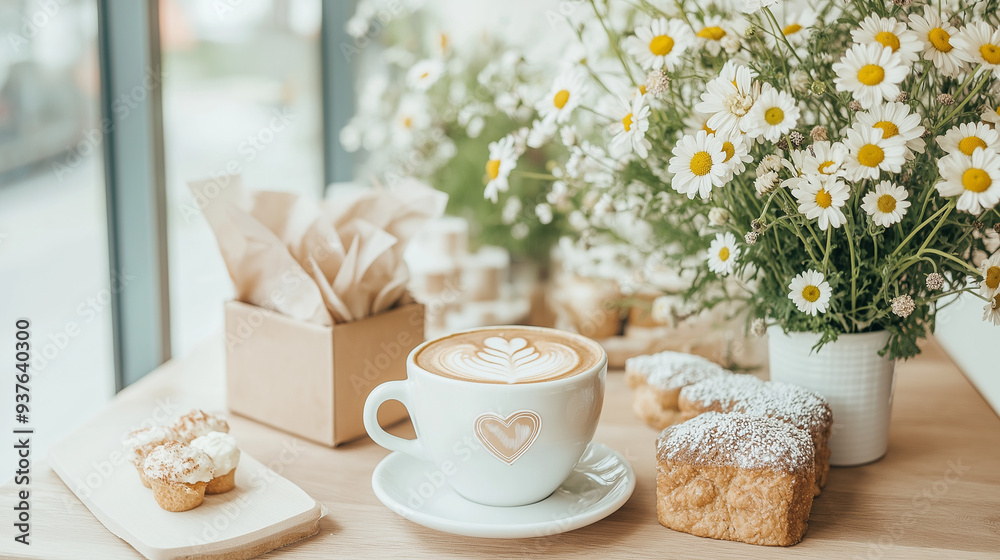 Obraz premium On the left side, there is a large window letting in natural light. In front of the window, there is a cup of coffee with heart-shaped latte art next to some beautifully arranged desserts.