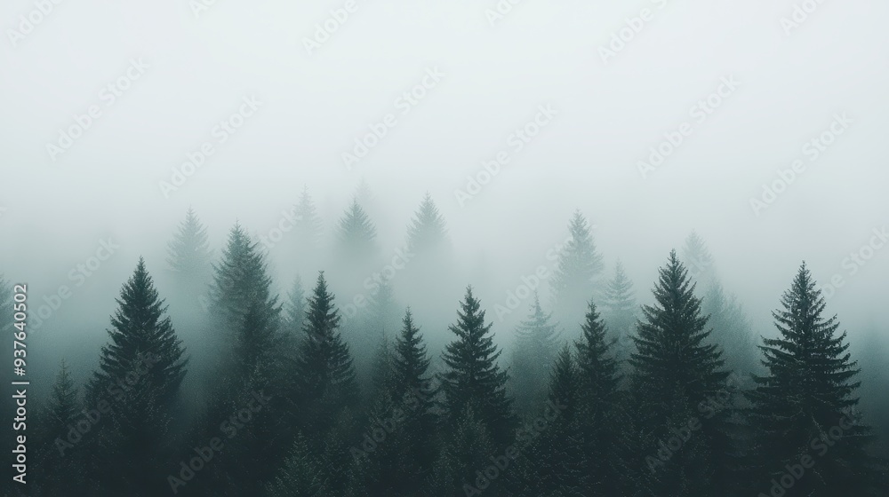 Fototapeta premium Misty Forest Silhouette Evergreen Trees in Fog