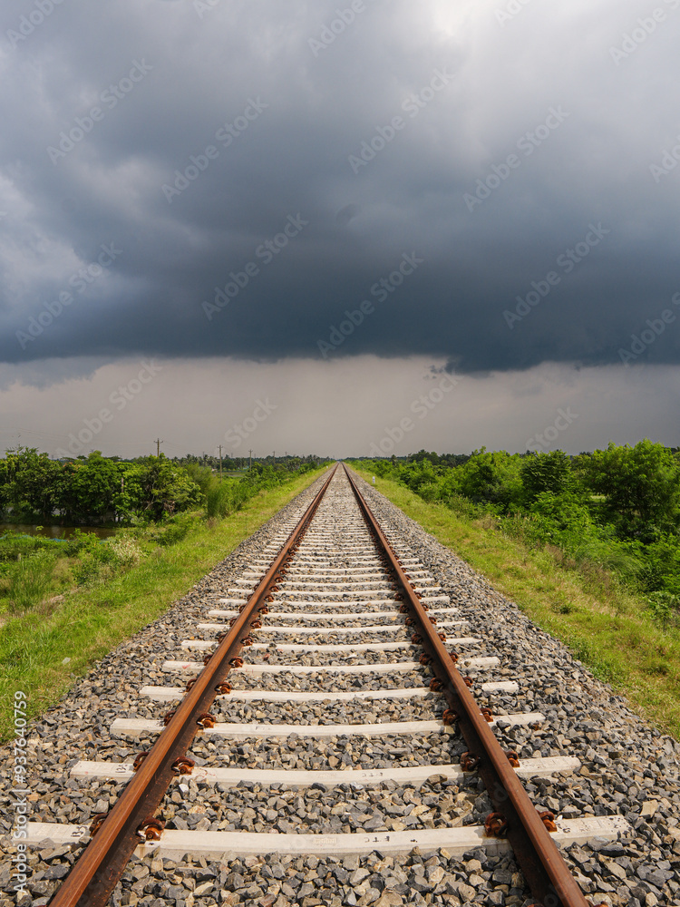 Fototapeta premium railroad tracks in the countryside ai a cloudy day.