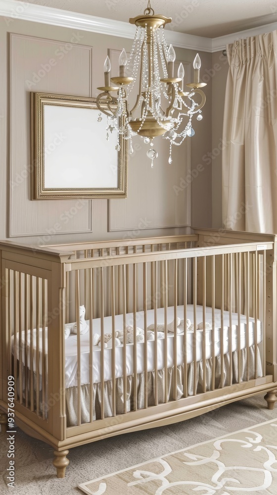Golden Crib in Elegant Nursery: A luxurious and chic nursery setting featuring a gold crib, a crystal chandelier, and elegant gold accents. This image evokes feelings of warmth, comfort, and sophistic Golden Crib in Elegant Nursery: A luxurious and chic nursery setting featuring a gold crib, a crystal chandelier, and elegant gold accents. This image evokes feelings of warmth, comfort, and sophistic