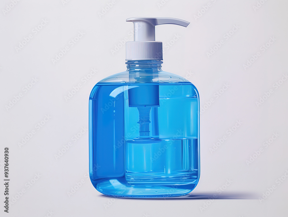 Cosmetic plastic bottle with pump dispenser on blue background for various liquid products Cosmetic plastic bottle with pump dispenser on blue background for various liquid products