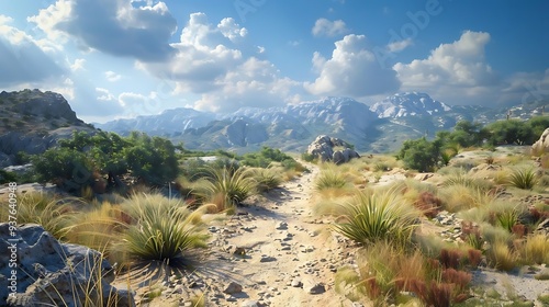 A serene landscape featuring mountains, a winding path, and lush vegetation under a blue sky.