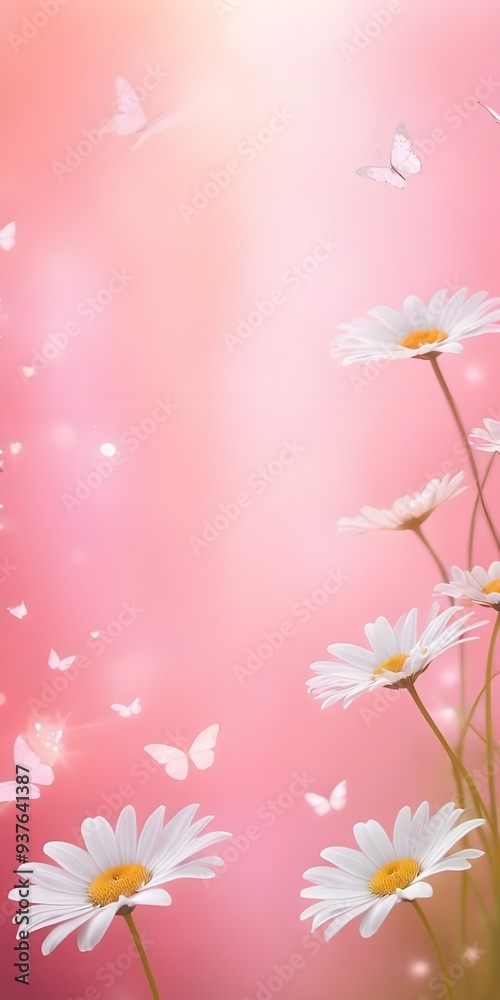 Pink daisies and butterflies fluttering in a colorful spring garden, romantic banner Pink daisies and butterflies fluttering in a colorful spring garden, romantic banner