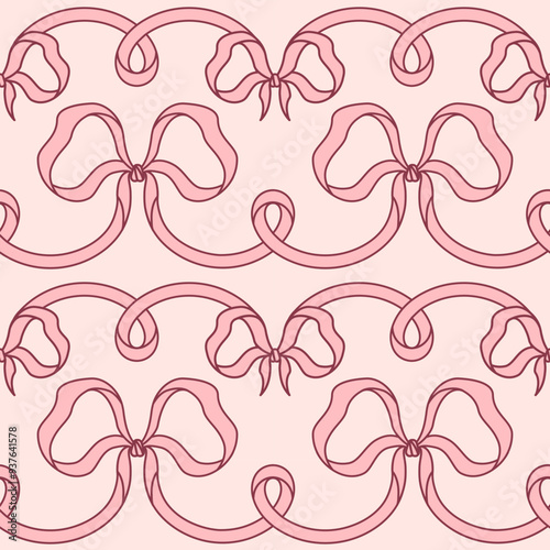 Coquette pink seamless pattern with bows knots and ribbons. Elegant repeated background for weddings, Birthdays, Valentine's day, wrapping paper. Romantic glamour girly wallpaper.