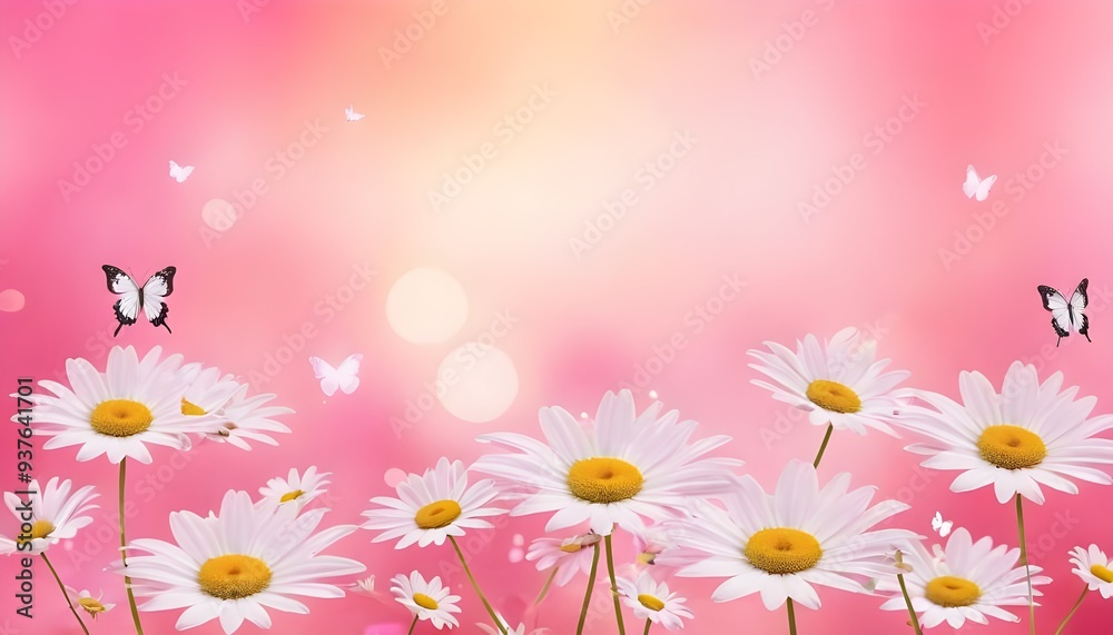 Pink daisies and butterflies fluttering in a colorful spring garden, romantic banner Pink daisies and butterflies fluttering in a colorful spring garden, romantic banner