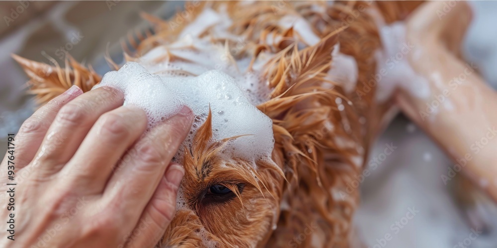 Naklejka premium A close-up of a dog getting washed in a bathtub. A hand is seen gently rubbing the dog's fur with soapy water.