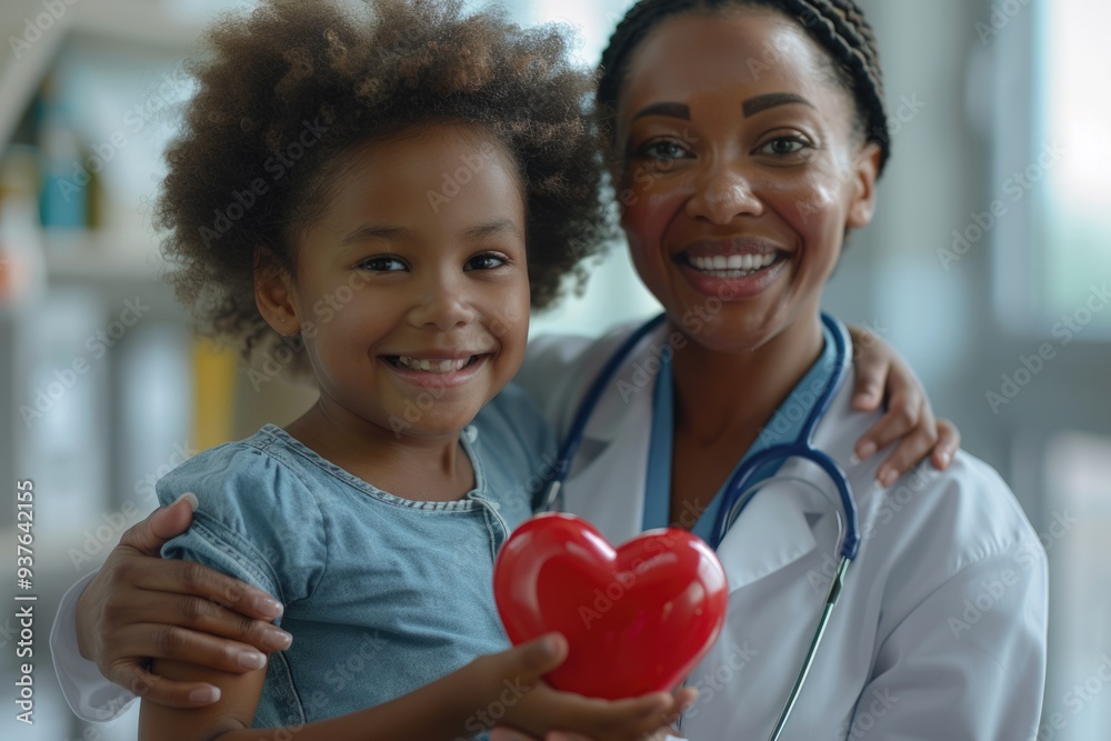 African American doctor and girl show red heart for charity. African American doctor and girl show red heart for charity.