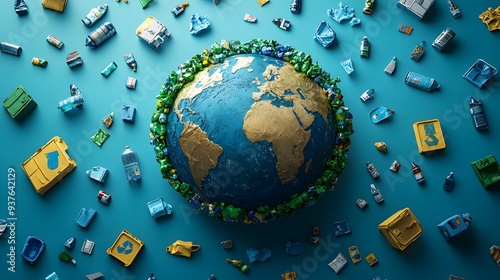 3D earth surrounded by a ring of recycling symbols, symbolizing global commitment to waste reduction and sustainability photo