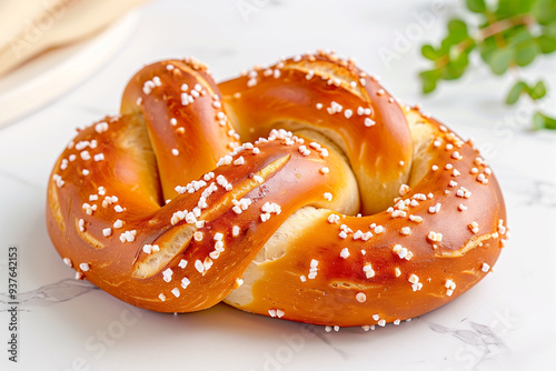 Soft Pretzel with Coarse Sea Salt on a White Background. Delicious Baked Goods Perfect for Snacks or Appetizers. Freshly Baked Pretzel Ideal for Sharing photo