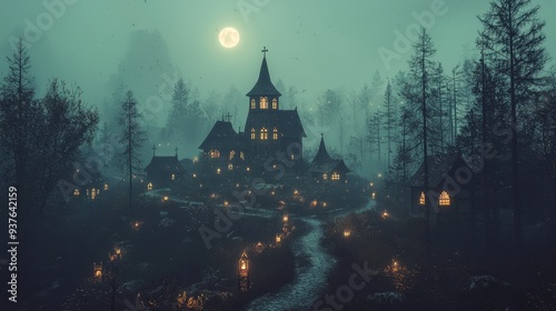 Mysterious Church in a Foggy Forest at Night