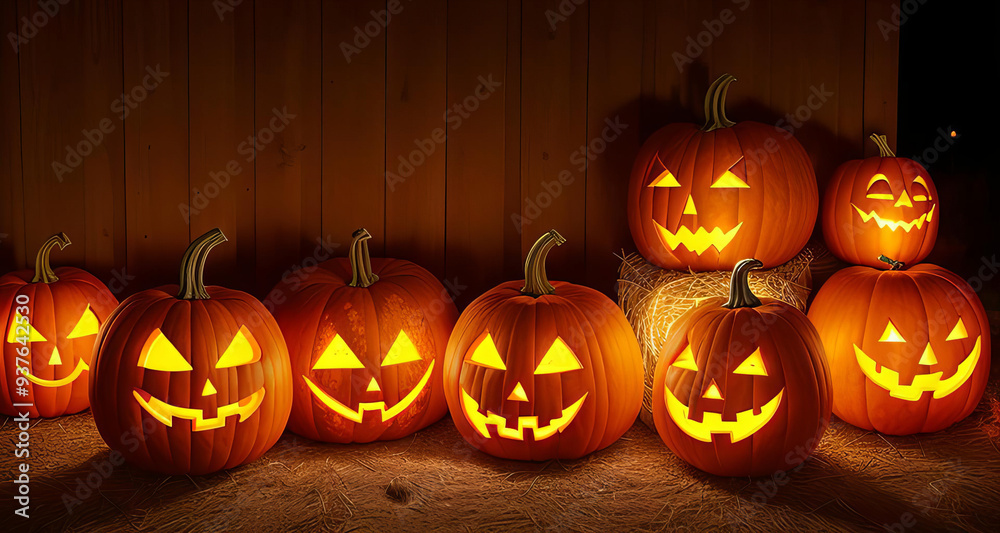 Obraz premium Cheerful Halloween Pumpkins with Glowing Faces – Festive Autumn Decoration