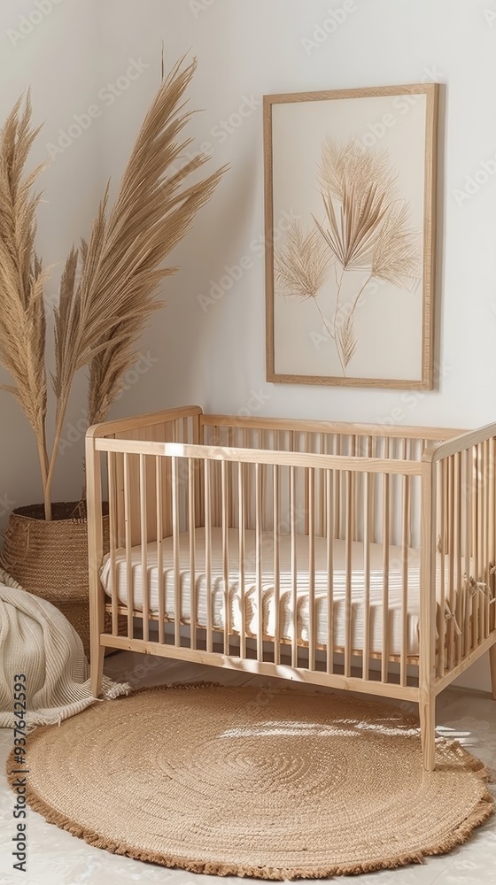 Bohemian Baby Nursery: A serene and stylish nursery featuring a wooden crib, a round woven rug, a potted palm plant, and a framed botanical print. The muted colors and natural textures create a peacef