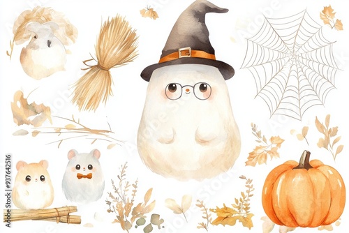 Watercolor art isolated on white background. Illustration set of spooky ghosts, cats, mice, pumpkins, spider webs. Happy holiday poster, greeting card. photo