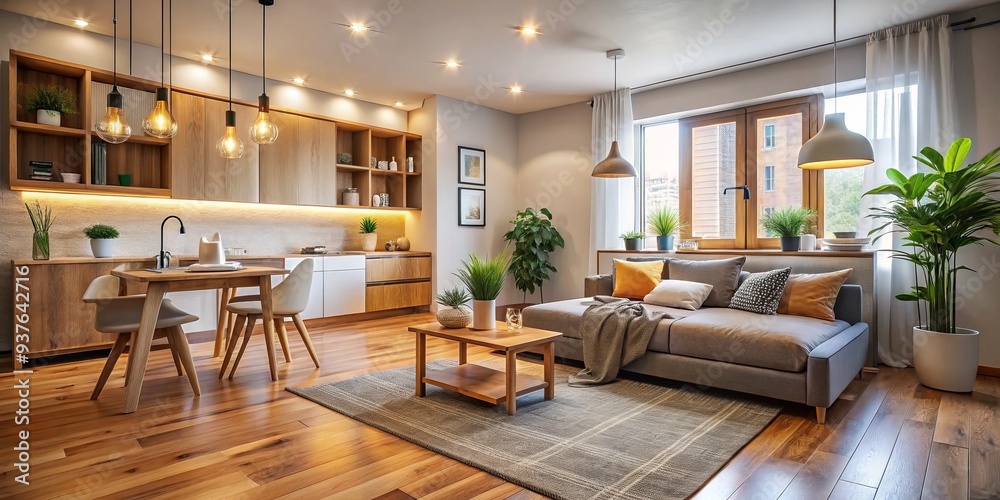 cozy evening warm lighting modern minimalist interior design empty studio apartment natural wood accents urban renting lifestyle concept cozy evening warm lighting modern minimalist interior design empty studio apartment natural wood accents urban renting lifestyle concept